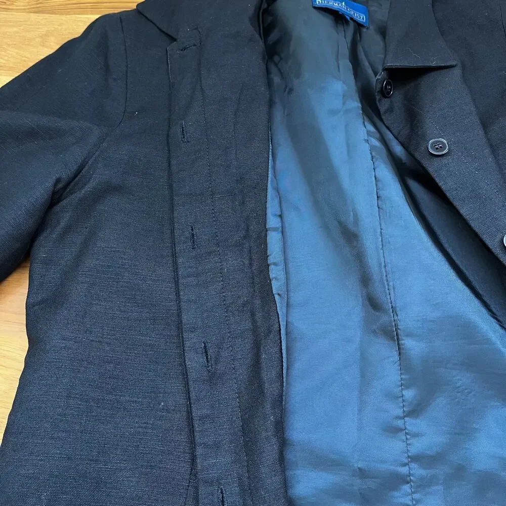 Herman Geist‎ Linen Blazer Jacket Sz10 Black Hidden Buttons Closure Professional
